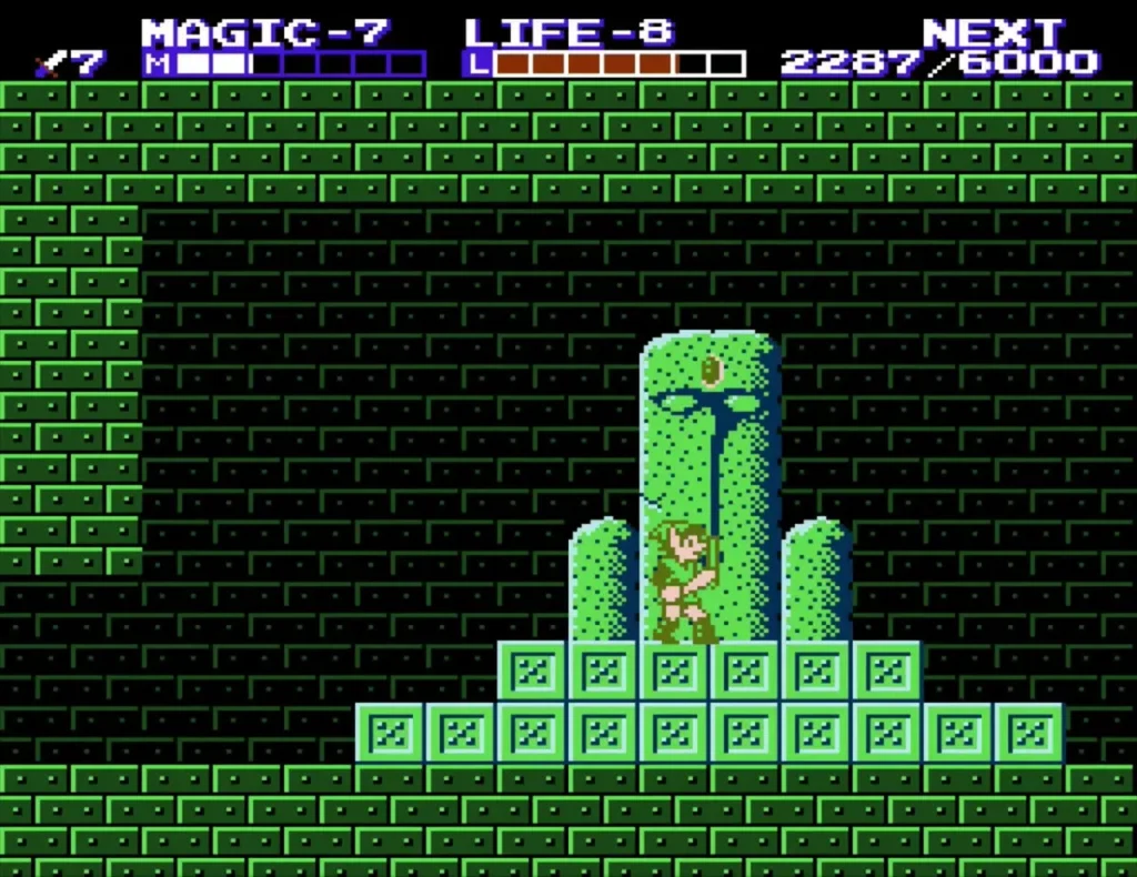 Link at the lavender-capped statue of Palace on the Sea glowing green after the crystal is placed Link at the lavender-capped statue of Palace on the Sea glowing green after the crystal is placed