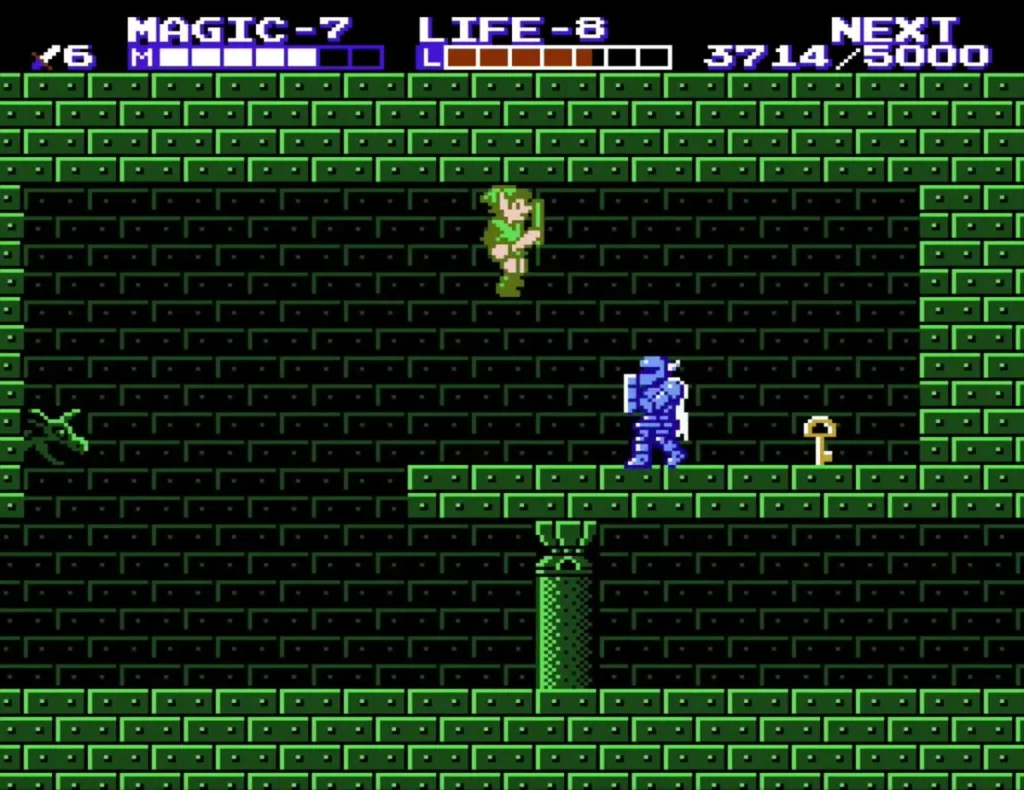 Link floating high above a green-brick ledge in Palace on the Sea, with a gold key on the ledge to the right Link floating high above a green-brick ledge in Palace on the Sea, with a gold key on the ledge to the right
