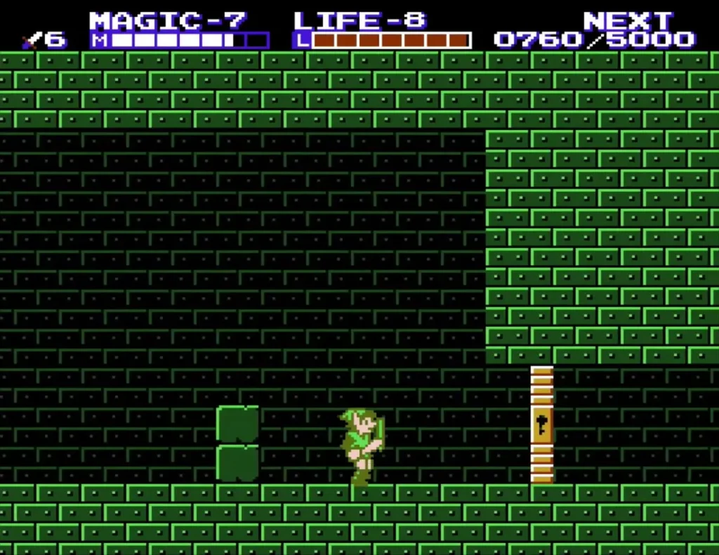 Link beside a gold door in a green-brick room of Palace on the Sea Link beside a gold door in a green-brick room of Palace on the Sea