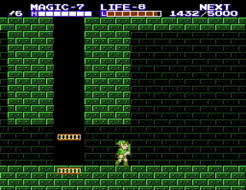 Link at the foot of a gold-rail elevator shaft in a green room of Palace on the Sea Link at the foot of a gold-rail elevator shaft in a green room of Palace on the Sea