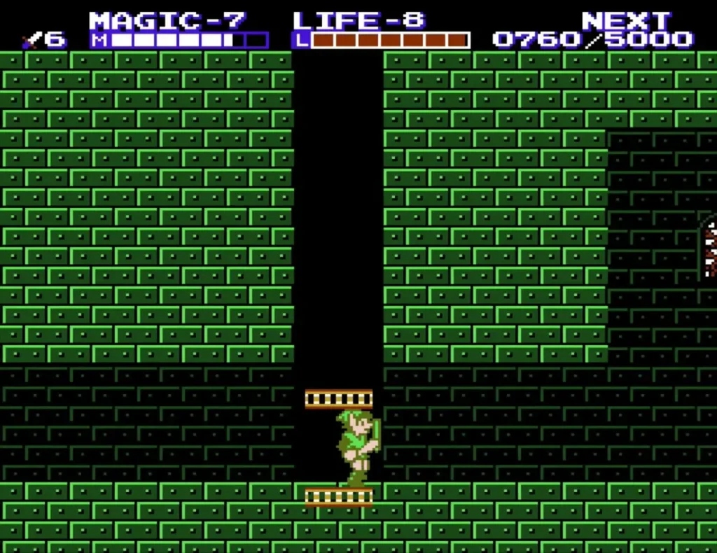 Link riding a gold-rail elevator in a shaft of Palace on the Sea Link riding a gold-rail elevator in a shaft of Palace on the Sea