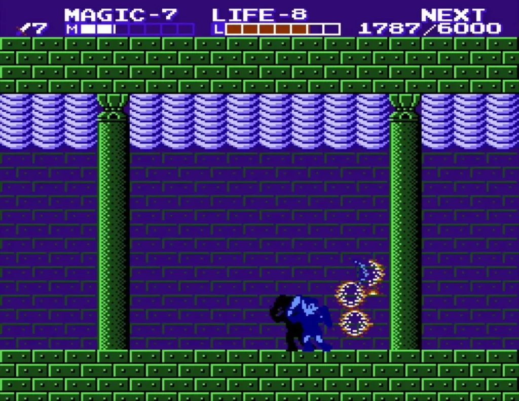Gooma, the blue boss, swinging its ball and chain in a purple room of Palace on the Sea Gooma, the blue boss, swinging its ball and chain in a purple room of Palace on the Sea