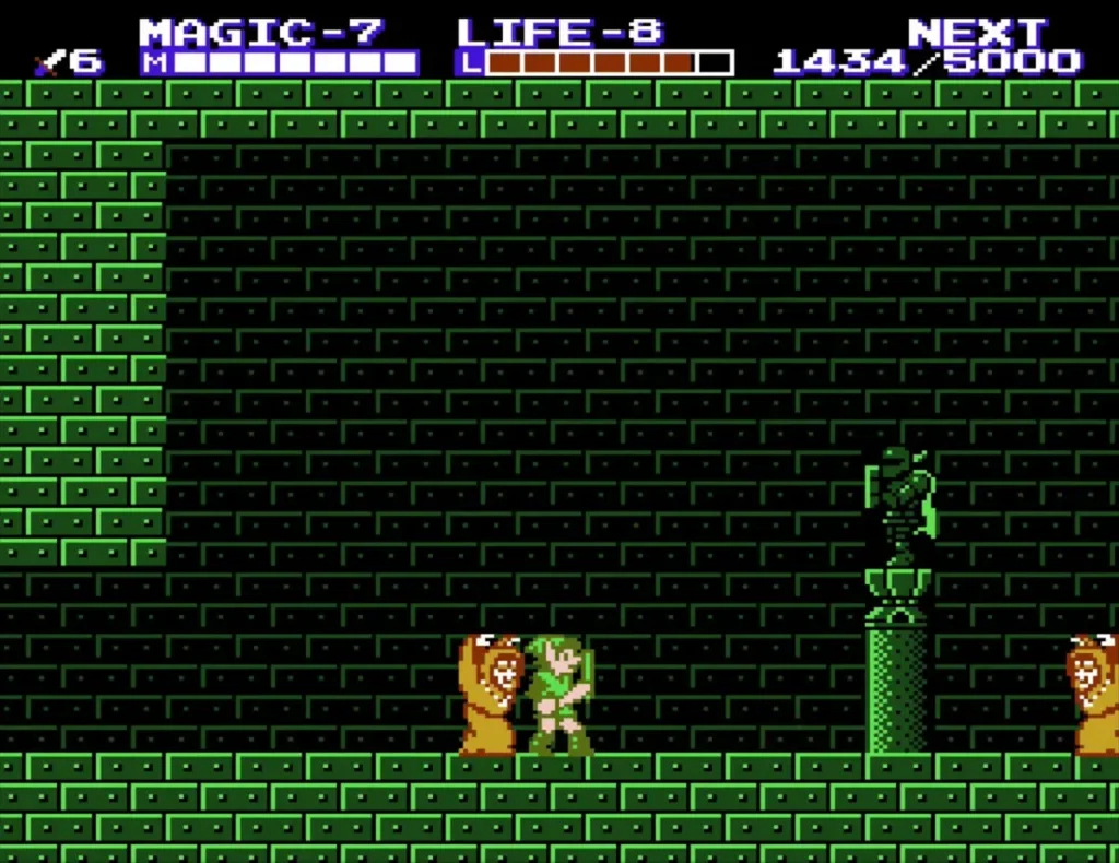 Link beside two orange Mago enemies by a pillar in Palace on the Sea Link beside two orange Mago enemies by a pillar in Palace on the Sea