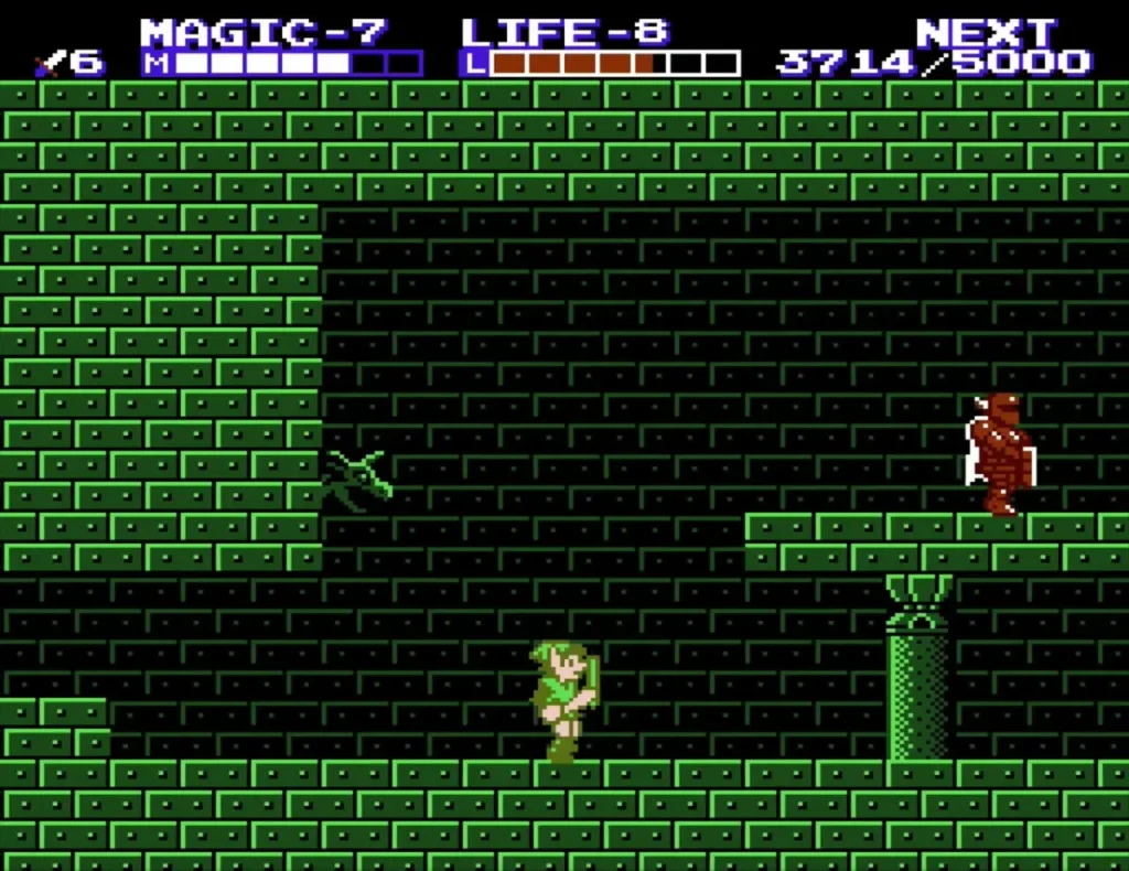 Red Iron Knuckle on a ledge above Link in a green hallway of Palace on the Sea Red Iron Knuckle on a ledge above Link in a green hallway of Palace on the Sea