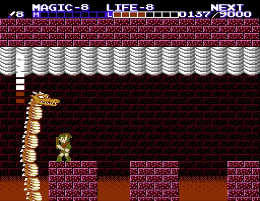 Barba rising tall from the lava beside Link in Three-Eye Rock Palace