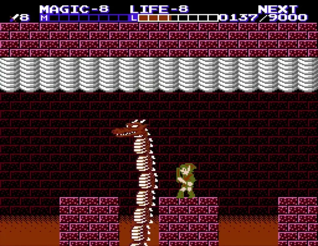 Barba rising again from a lava pit while Link stands on the floor