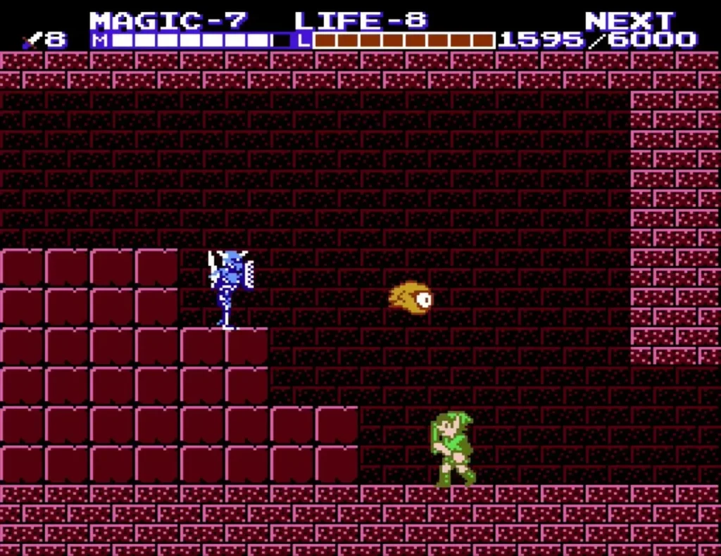 Link facing a blue Iron Knuckle in a brick room of the palace