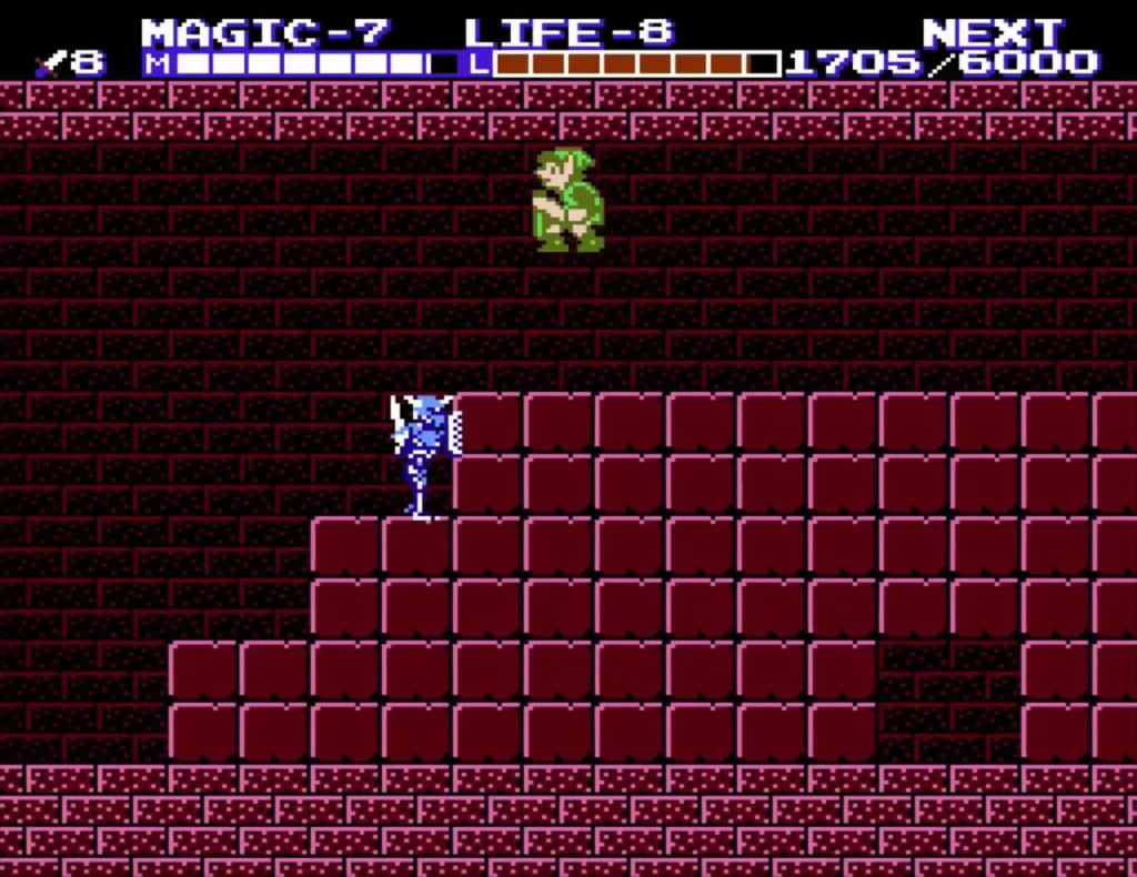 A blue Iron Knuckle on a lower brick level as Link walks above it