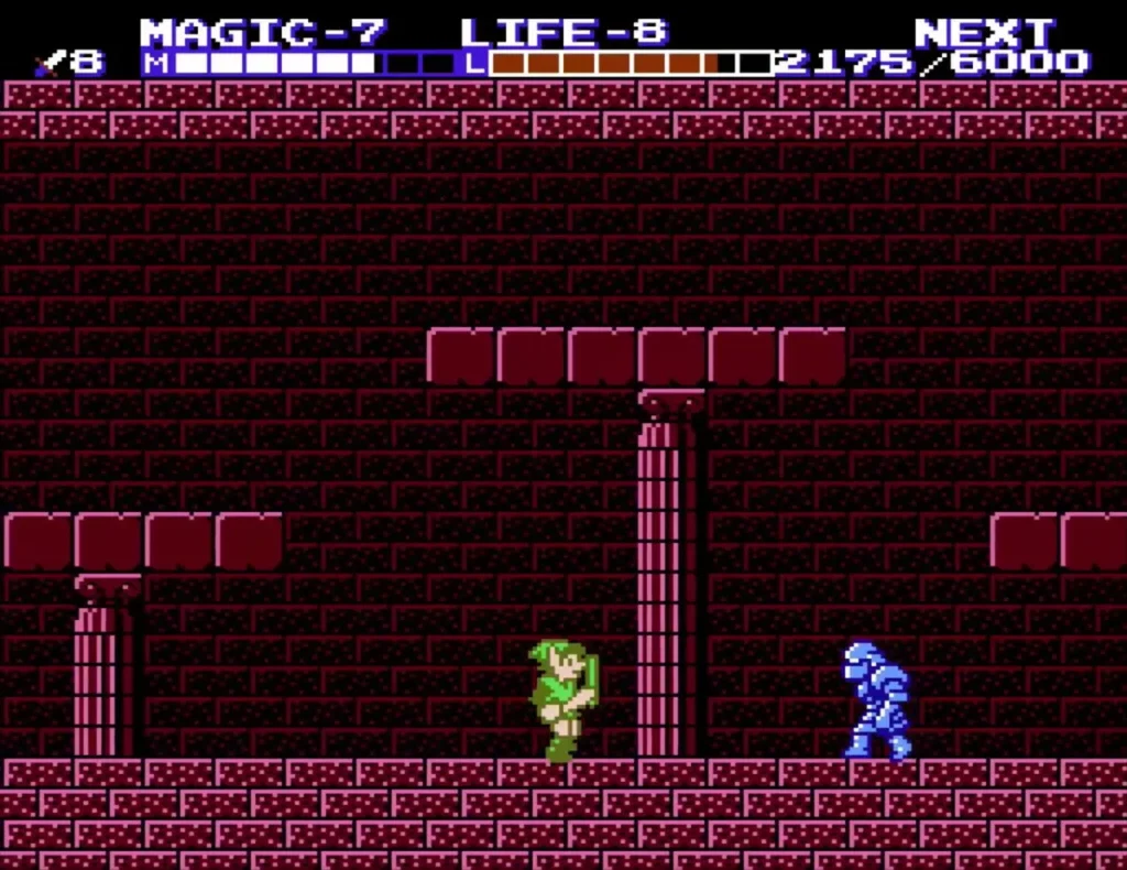 A blue Iron Knuckle appearing at the right edge of a palace room as Link walks on