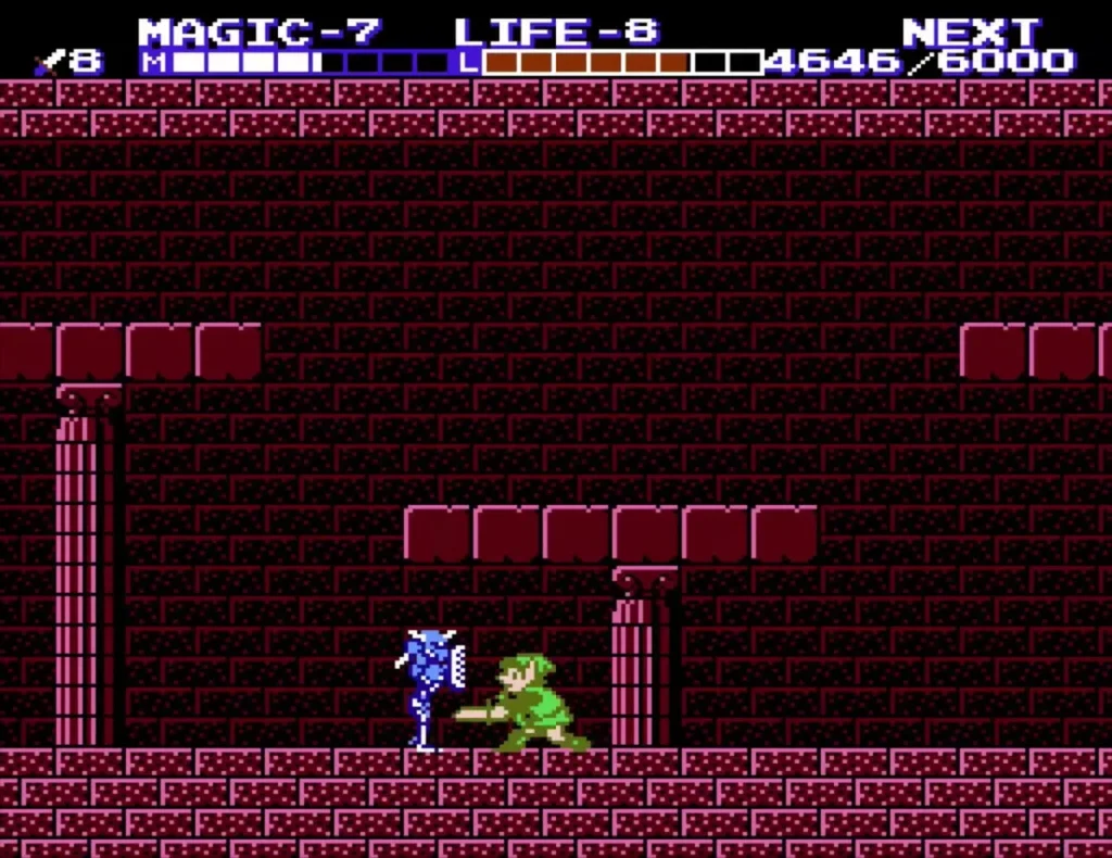 Link fighting a blue Iron Knuckle in a red-brick palace room