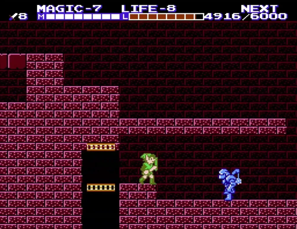 A blue Iron Knuckle on the right side of a red-brick palace room as Link walks