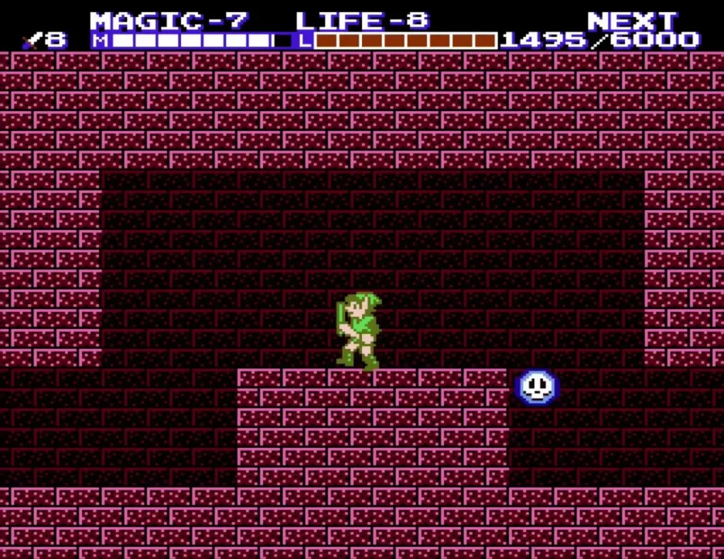 A blue floating skull drifting in a palace room of Three-Eye Rock Palace