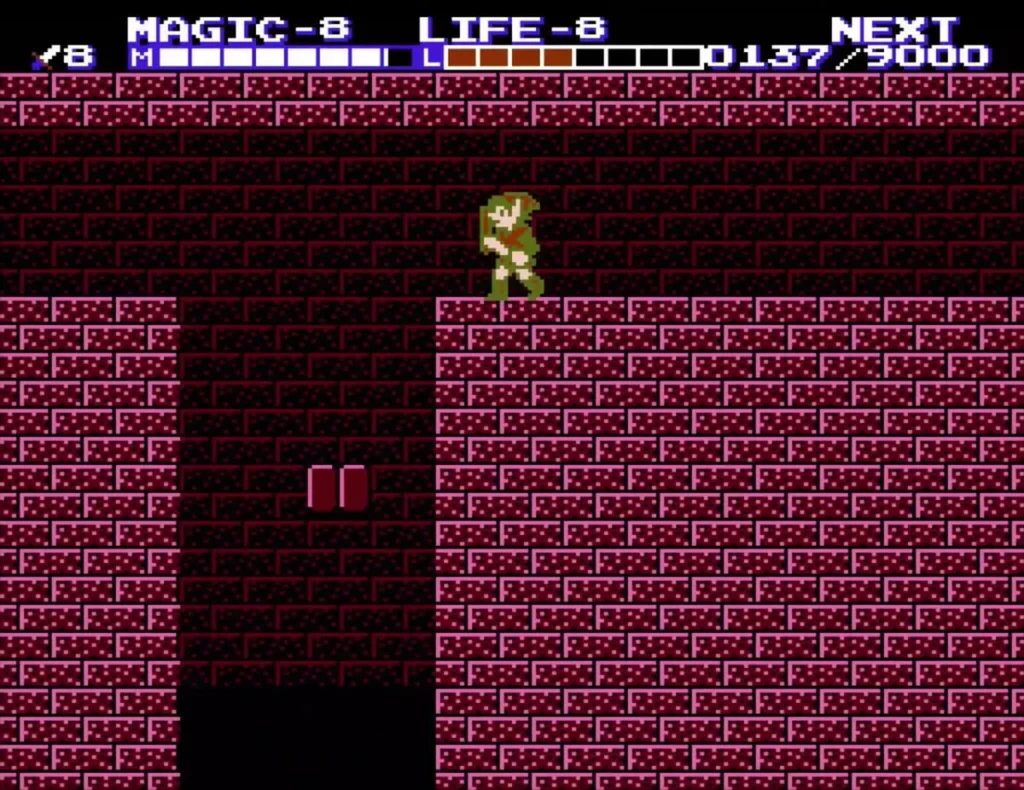 Link entering a dark stone-block tunnel in the palace