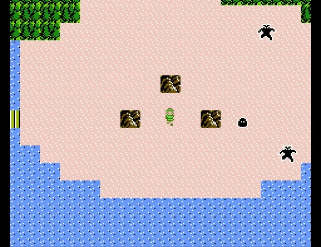 Link standing between three rocks in the desert, where the Flute opens the palace