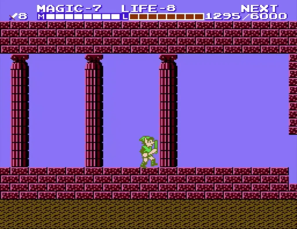 Link walking right through the entrance room with red pillars