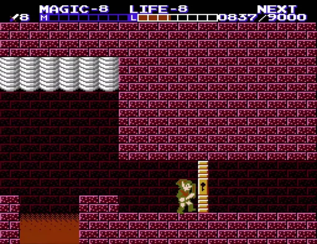 Link beside a gold door in a red-brick palace room