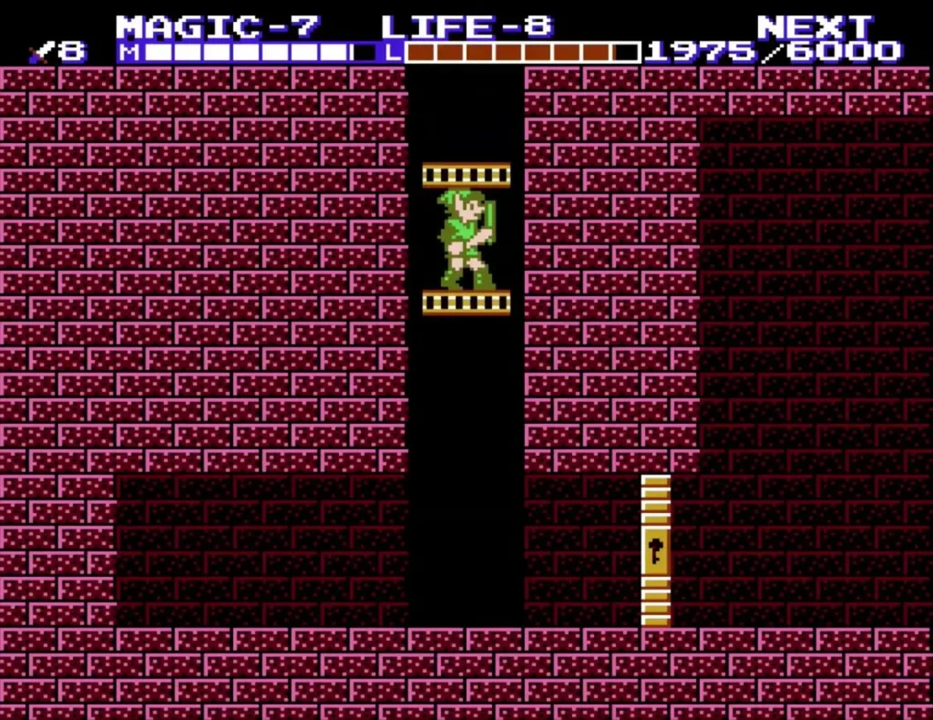 Link riding the gold-rail elevator up its shaft