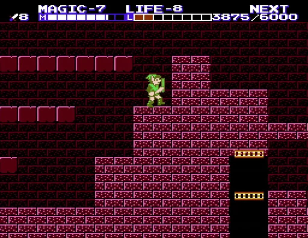 Link above a gold-rail elevator shaft in a brick room