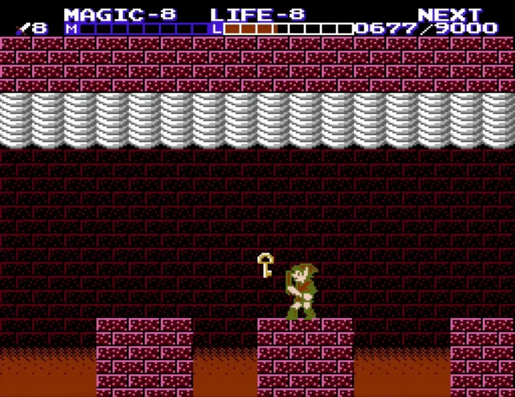 Link beside a small gold item in a red-brick palace room after Barba falls