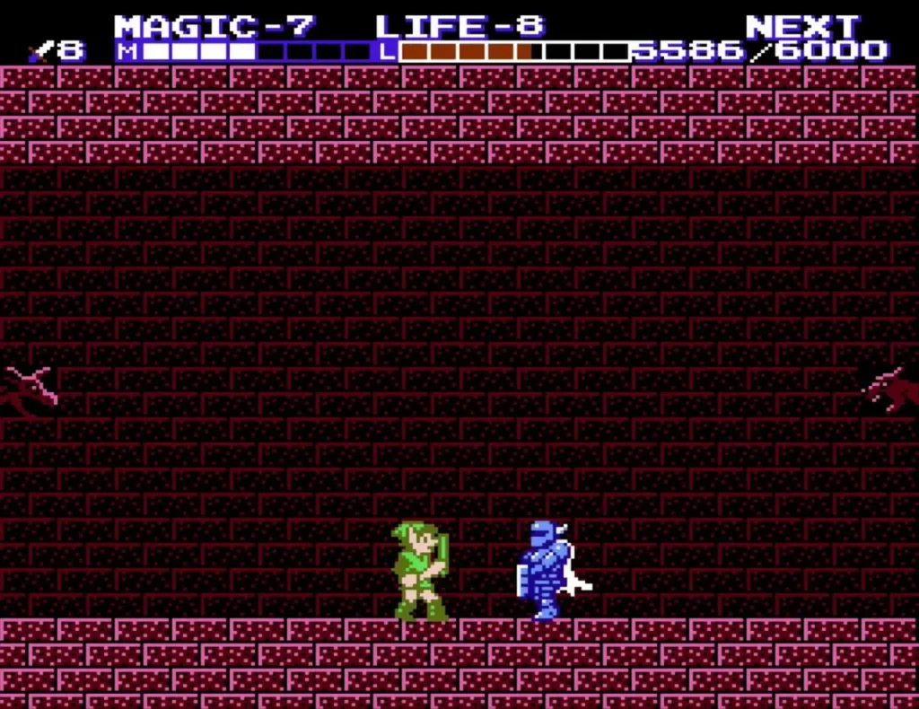 Link facing a blue Iron Knuckle in a dark palace room