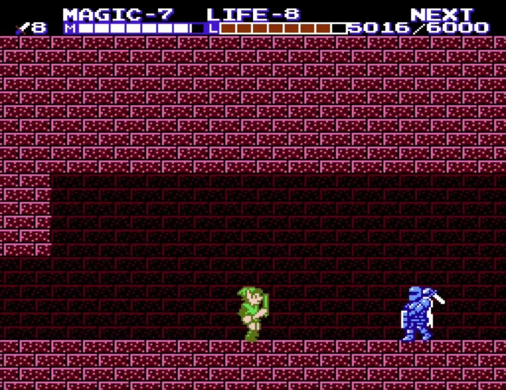 A blue Iron Knuckle approaching Link in a brick corridor of the palace