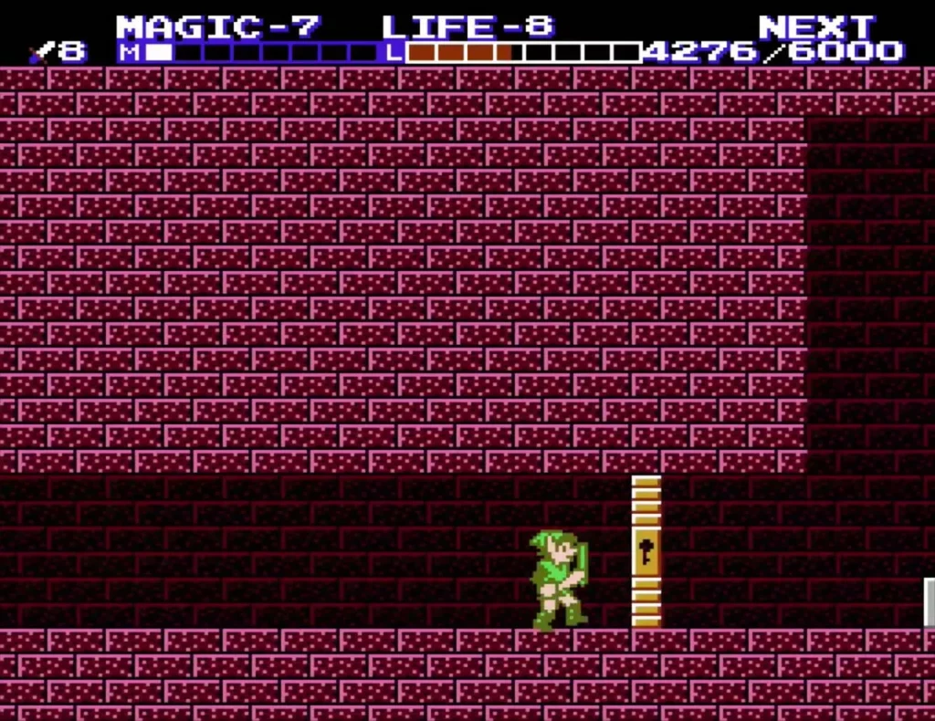 Link beside a locked gold door in a palace room