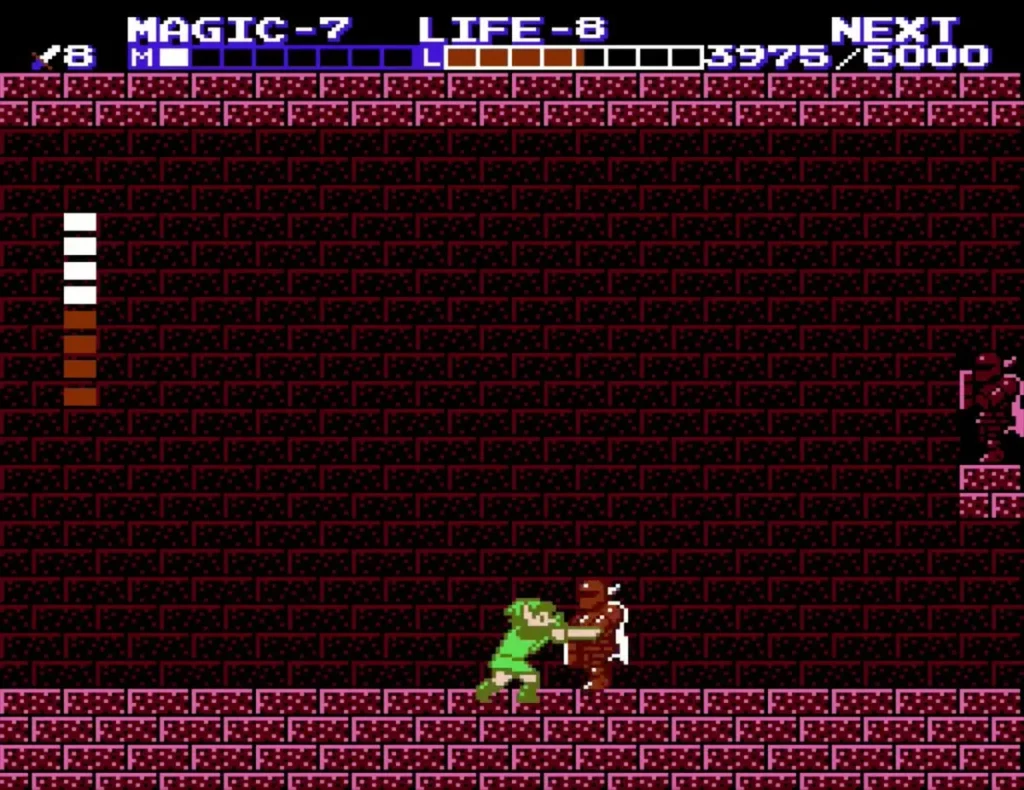 Link fighting an orange knight in a palace room
