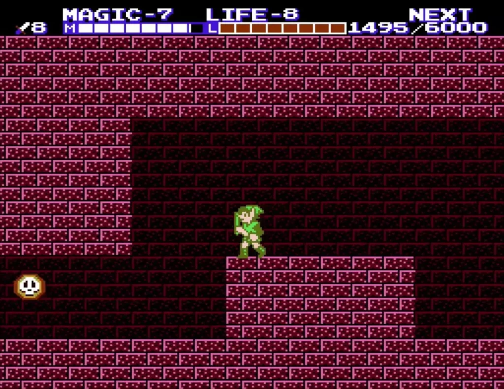 Link facing a floating skull in a palace room with a red brick ledge