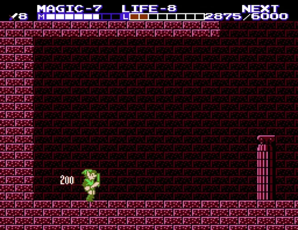 Link at the bottom of a room with 200 points shown after a P-Bag pickup