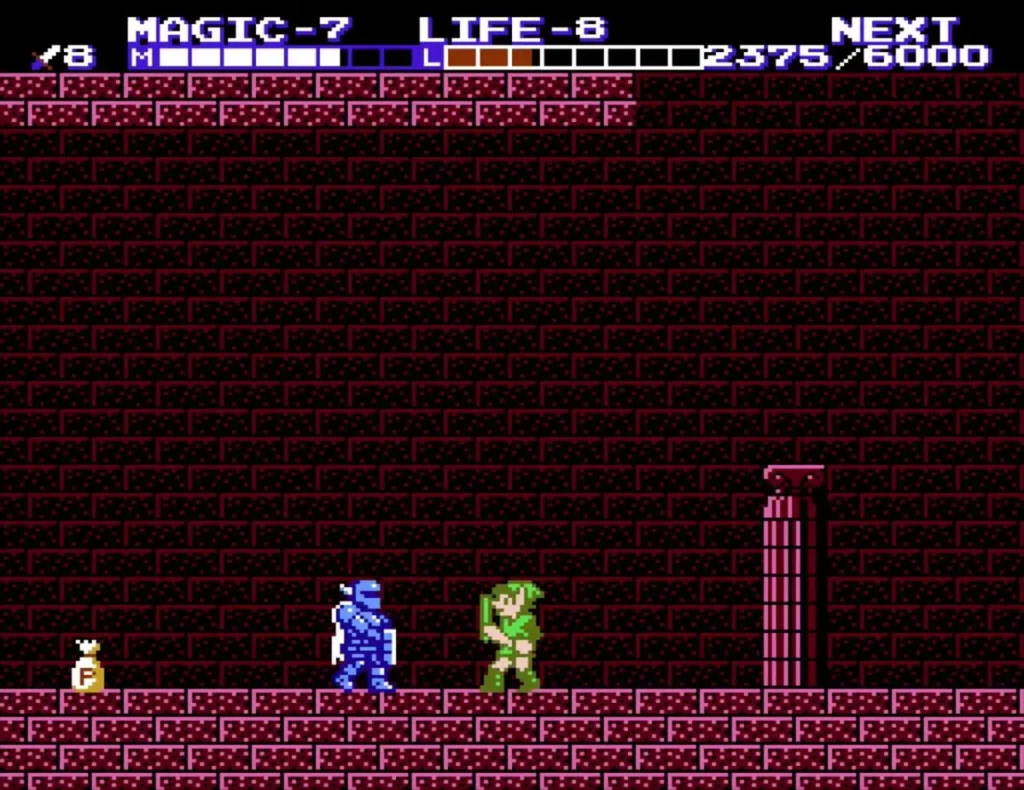 A white P-Bag on the floor of a palace room with a blue Iron Knuckle nearby