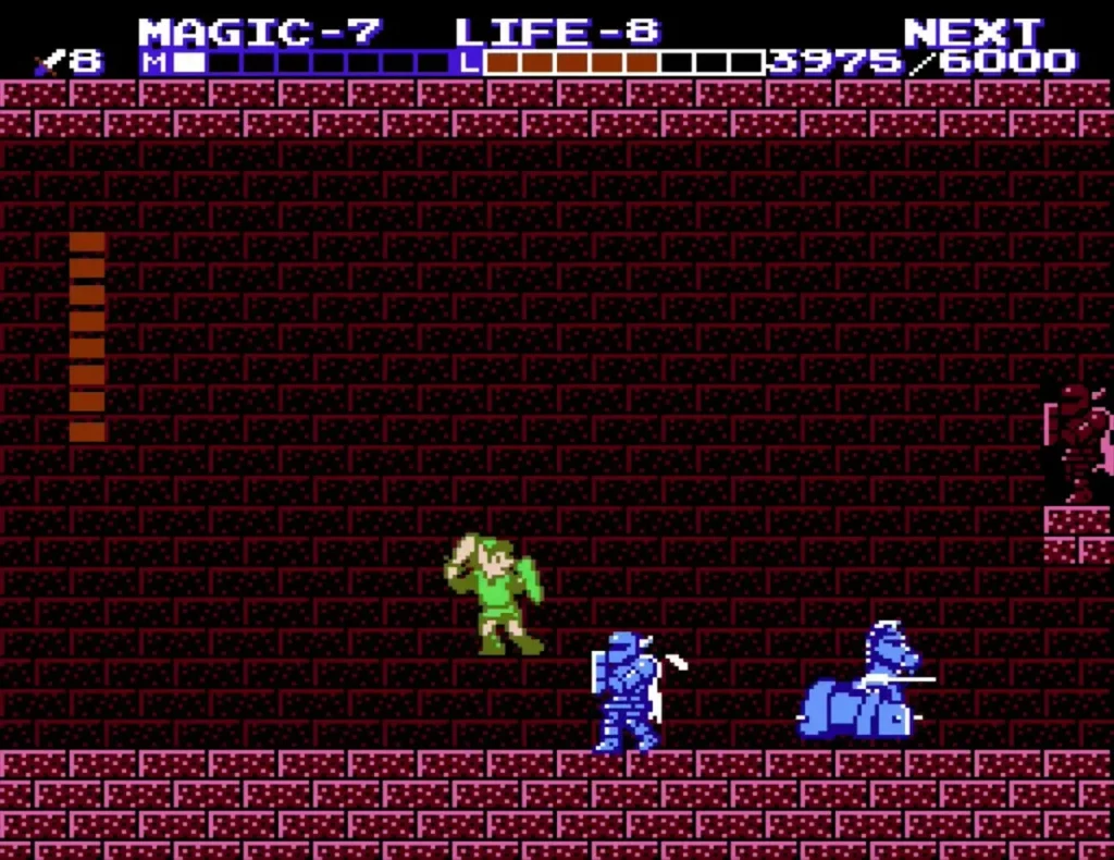 Rebonack, a blue Iron Knuckle on a floating horse, charging at Link with a lance
