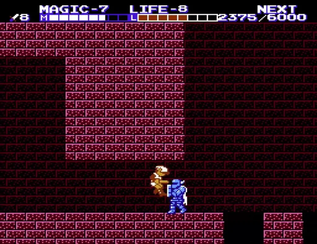 A white skeleton and a blue Iron Knuckle together at the bottom of a room
