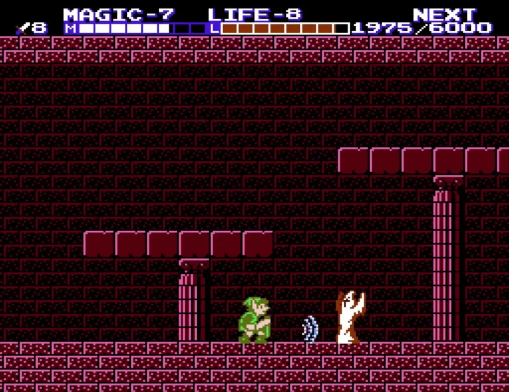 Link slashing with his sword at a pale enemy in a red-brick palace room