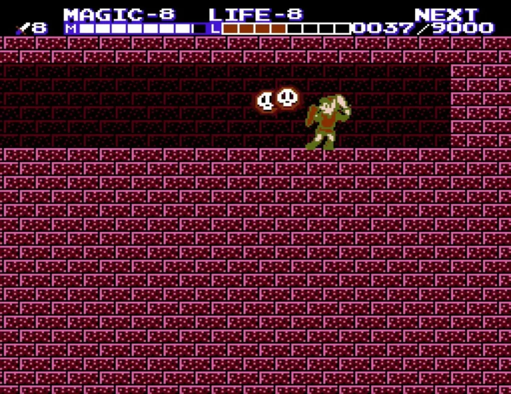 Two white skull enemies beside Link as Magic reaches level 8