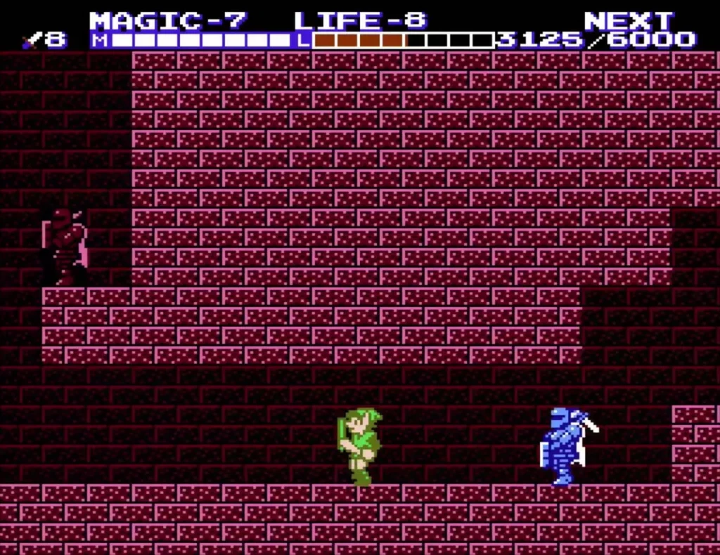 A Wizzrobe at the left of the room as Link faces a blue Iron Knuckle
