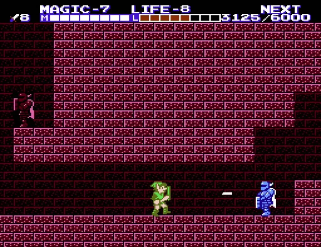 A Wizzrobe, a dark wizard enemy, on the left side of a palace room