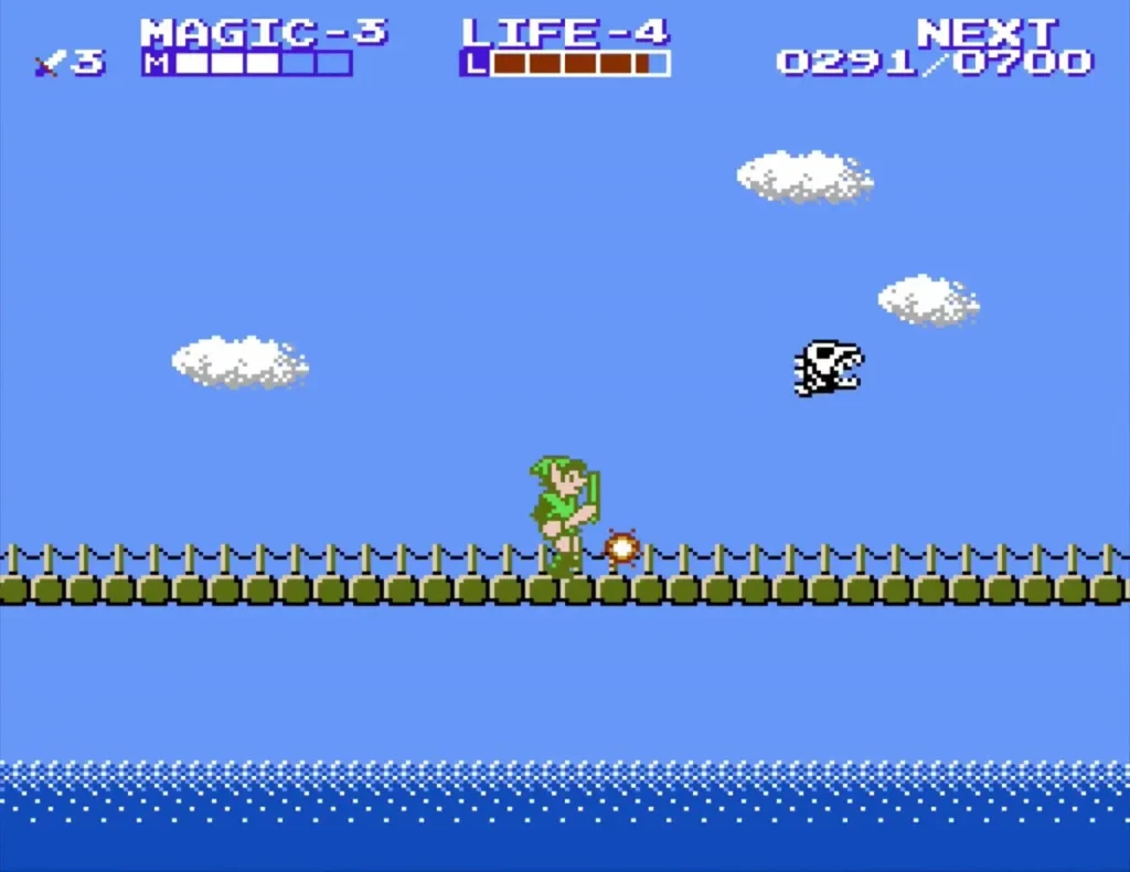 Link crossing the wooden bridge while an enemy flies in from the right Link crossing the wooden bridge while an enemy flies in from the right