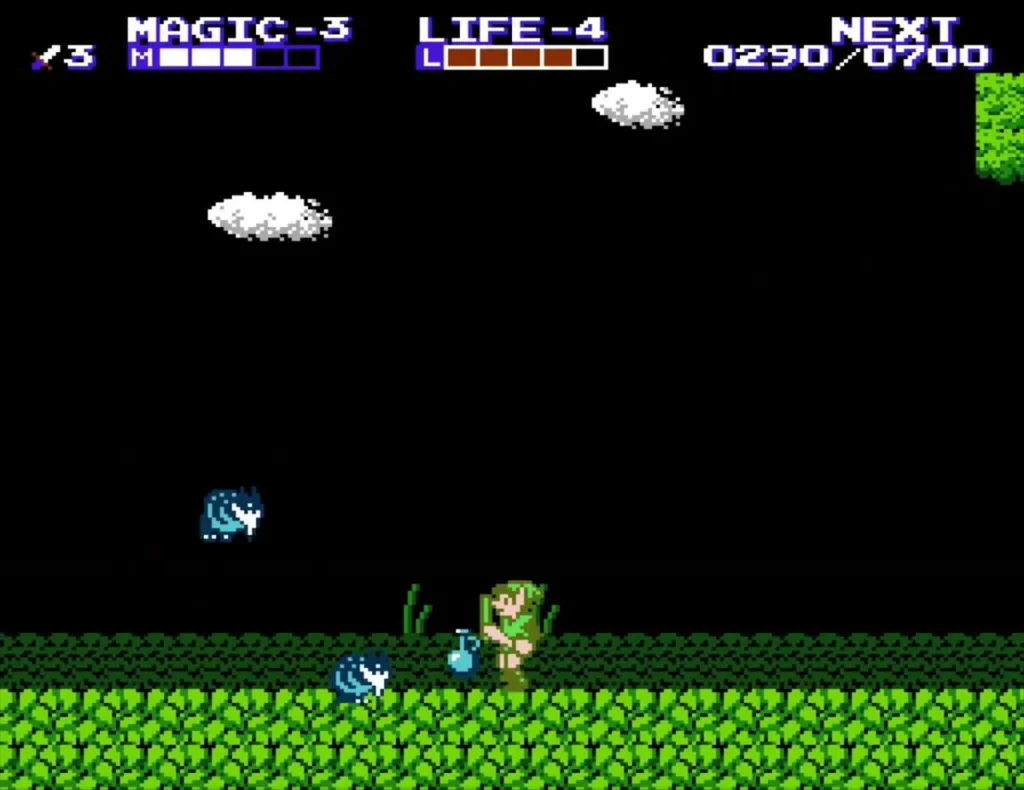 Link on the grass plain with blue fire-like enemies around him Link on the grass plain with blue fire-like enemies around him