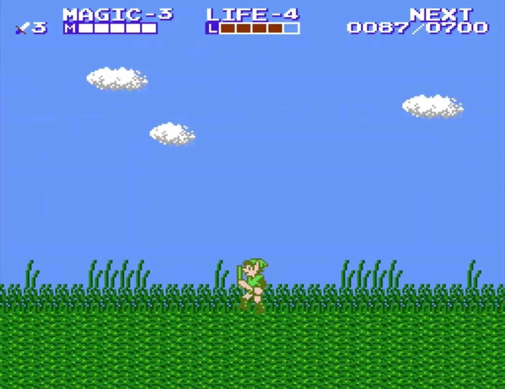 Link walking across the grass plain under a blue sky Link walking across the grass plain under a blue sky