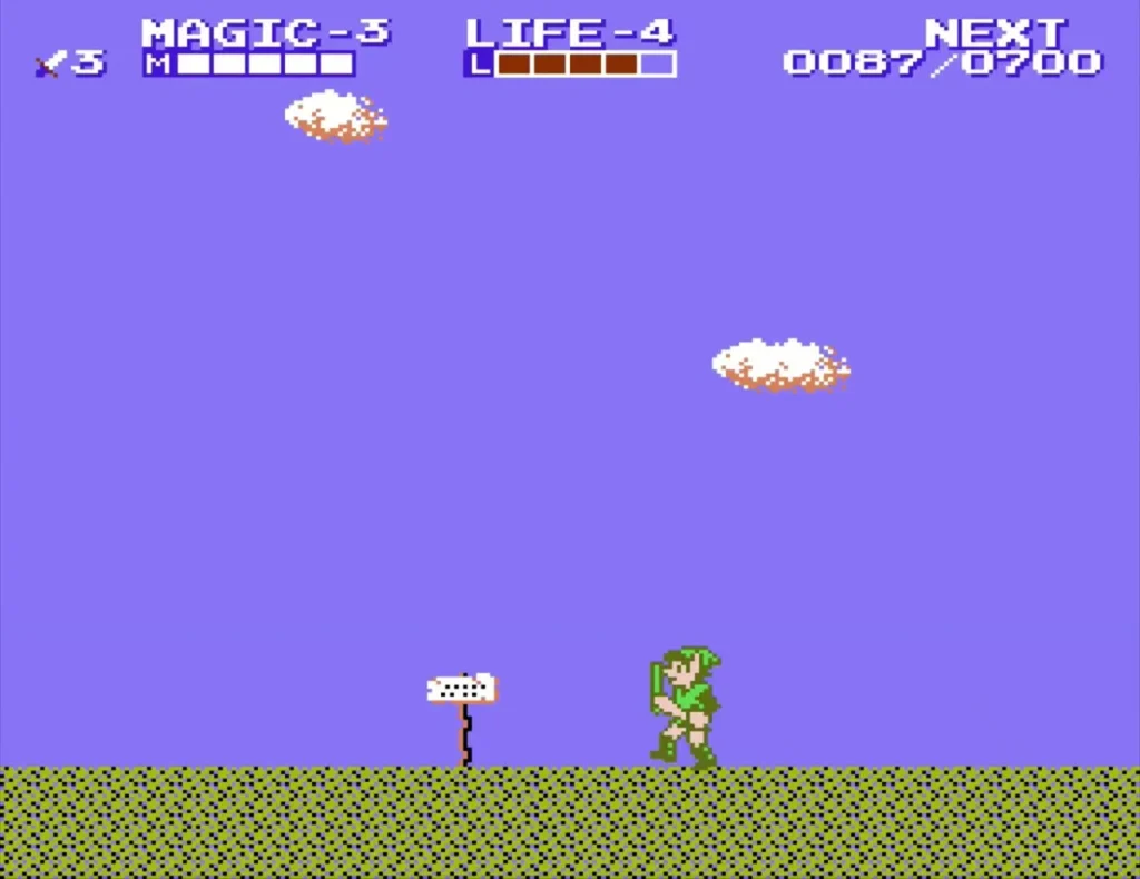 Link walking past a wooden road sign on the grass plain Link walking past a wooden road sign on the grass plain