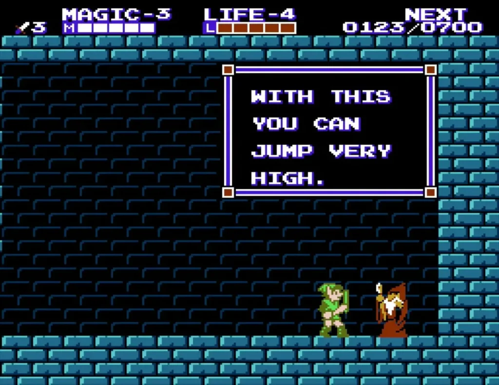 Robed old man in the blue-brick room saying the spell lets Link jump very high Robed old man in the blue-brick room saying the spell lets Link jump very high