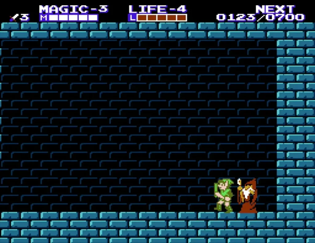 Link and the robed old man standing in the blue-brick room Link and the robed old man standing in the blue-brick room