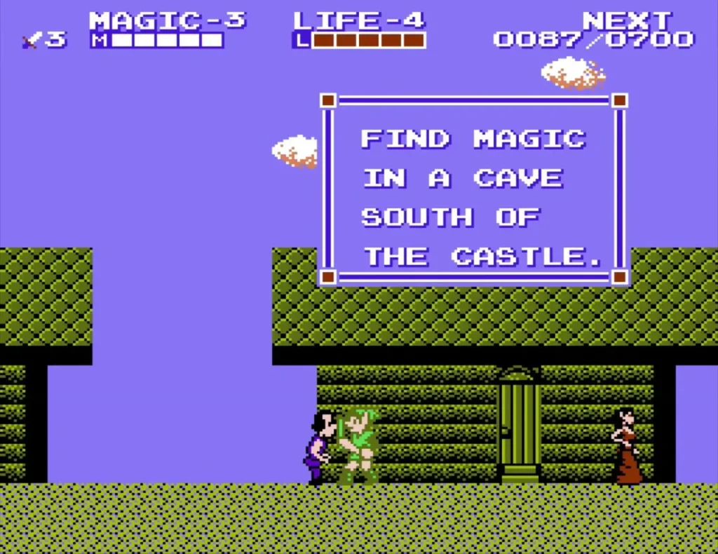Ruto Town townsman's finished text box says to find magic in a cave south of the castle Ruto Town townsman's finished text box says to find magic in a cave south of the castle
