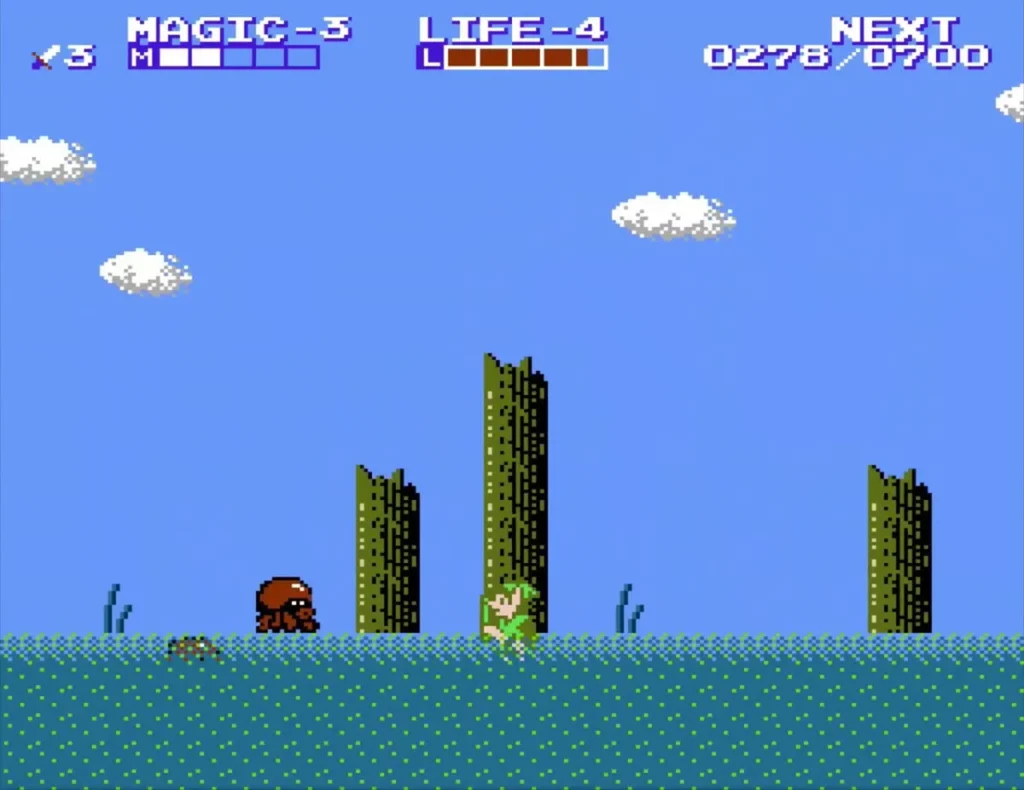 Link walking through the sea shallows past a brown enemy and green pillars Link walking through the sea shallows past a brown enemy and green pillars
