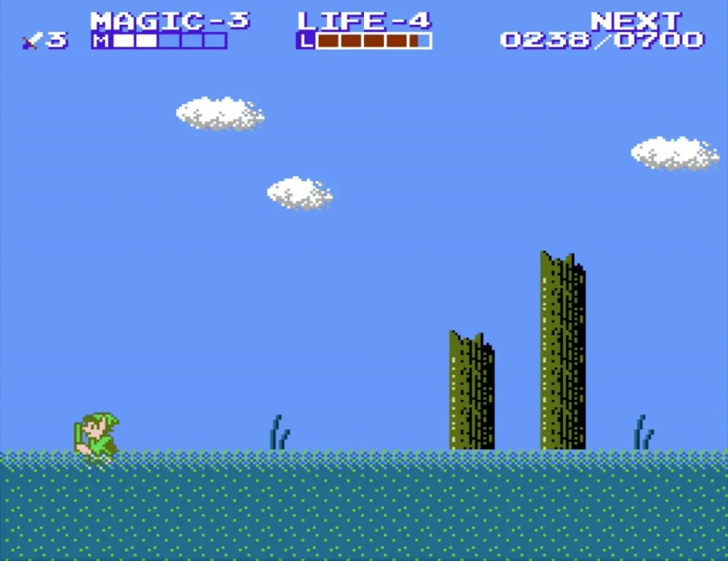 Link on the sea shore between tall green pillars Link on the sea shore between tall green pillars