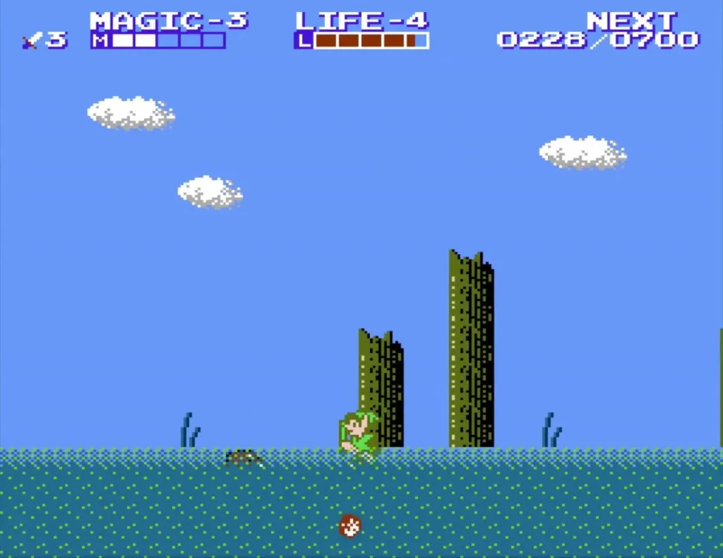 Link beside green pillars in the sea with a red enemy below him Link beside green pillars in the sea with a red enemy below him