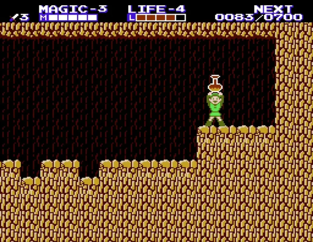 Link holding the Magic Container, a flask-shaped jar, overhead on a ledge in the brown rock cave Link holding the Magic Container, a flask-shaped jar, overhead on a ledge in the brown rock cave