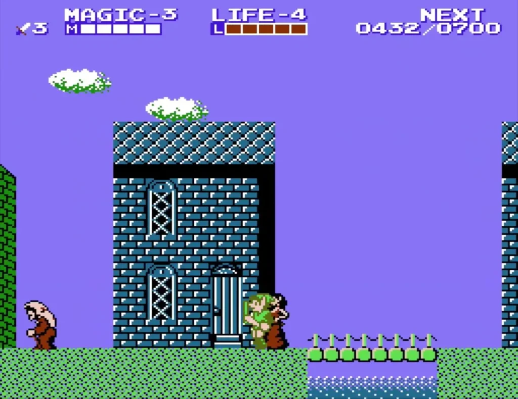 Link at the door of a blue-brick house with a townsman beside him Link at the door of a blue-brick house with a townsman beside him