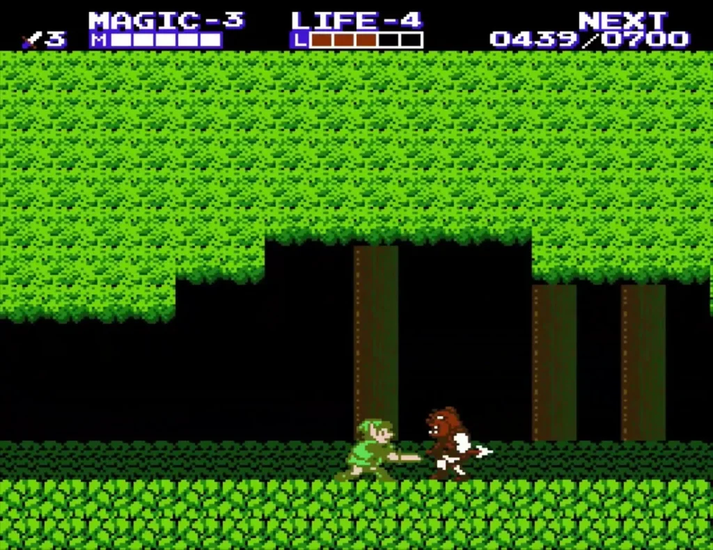 Link fighting an orange enemy on the forest path under the trees Link fighting an orange enemy on the forest path under the trees