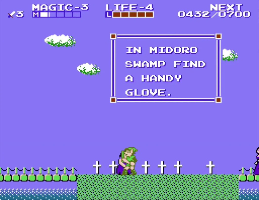 Link beside the graveyard crosses as a text box says to find a handy in Midoro Swamp Link beside the graveyard crosses as a text box says to find a handy in Midoro Swamp